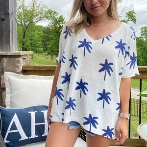 Blue Palm Tree Knit Top